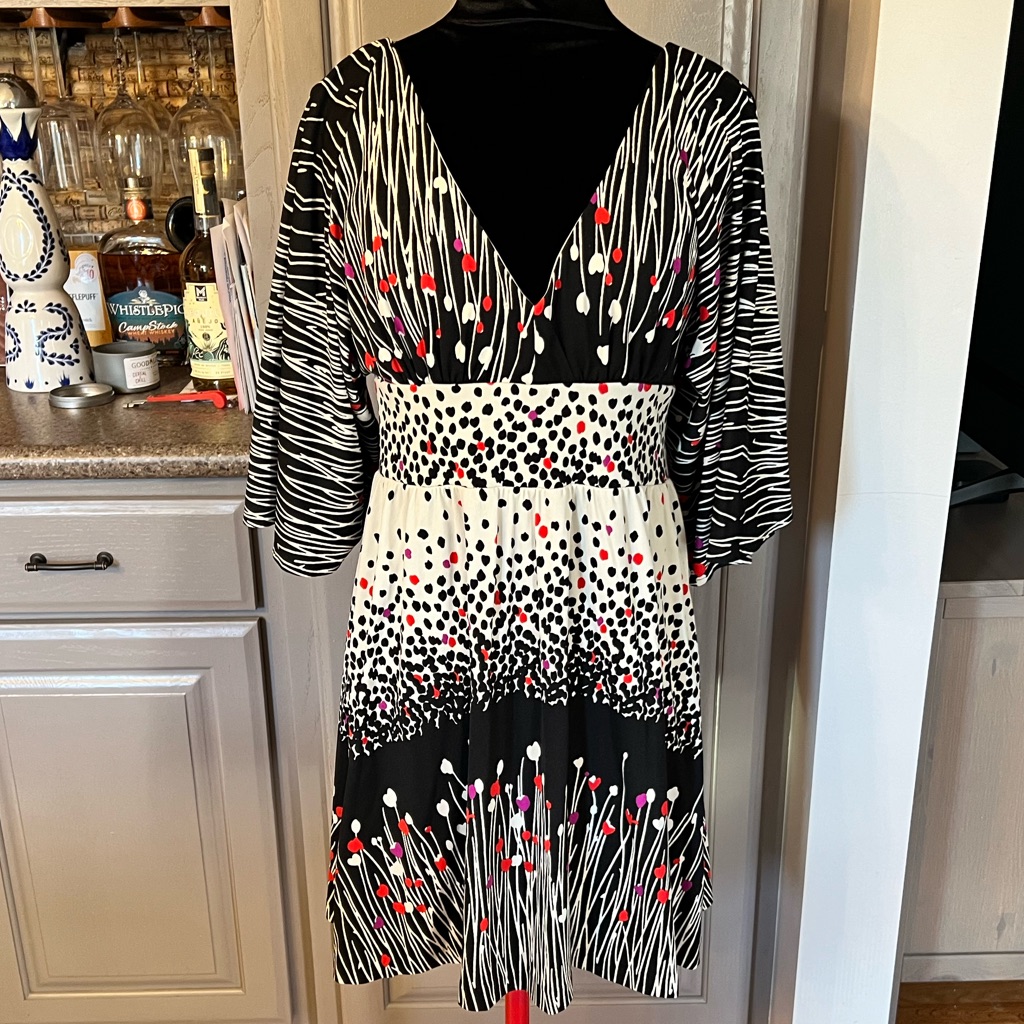 Tibi Black, White, Red, And Pink Jersey Knit Deep-V Mini Dress